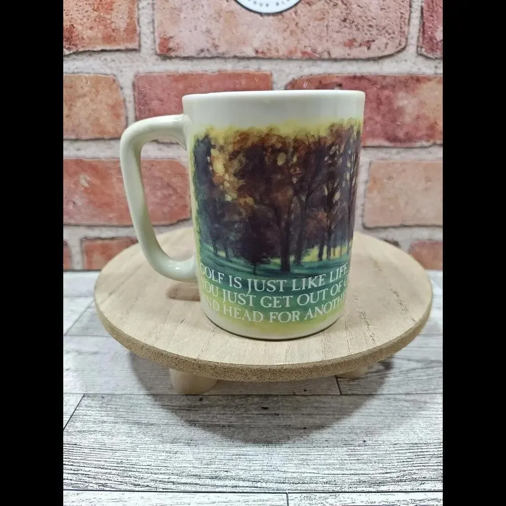 Otagiri Figi Graphics Golf Mug Cup Made in Japan Cream Green Brown Vintage